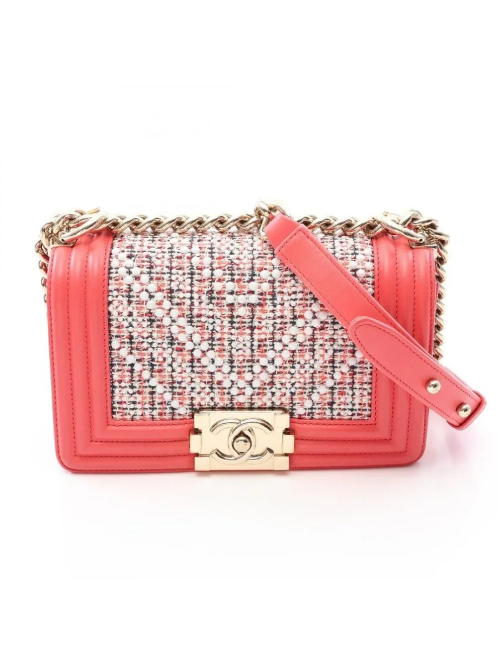 Chanel Shoulder Bag Boy Small Coral Pink White Fabric Leather Boy Stitch Pearl